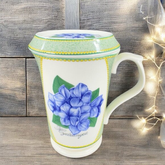 Saint James Hankook Super Strong Porcelain Mug Cup W Lid Coaster Hydrangea Mug - Picture 1 of 14